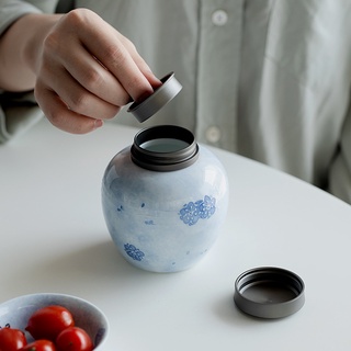 瑞陶陶瓷特賣純手繪霧藍櫻花茶葉罐雙層密封罐中式陶瓷防潮罐茶倉儲物罐醒茶罐