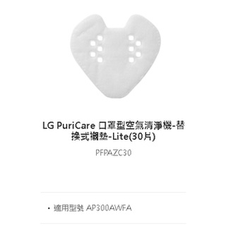 LG 口罩型空氣清淨機(AP300AWFA) 專用襯墊(PFPAZC30) 一盒3包=30片