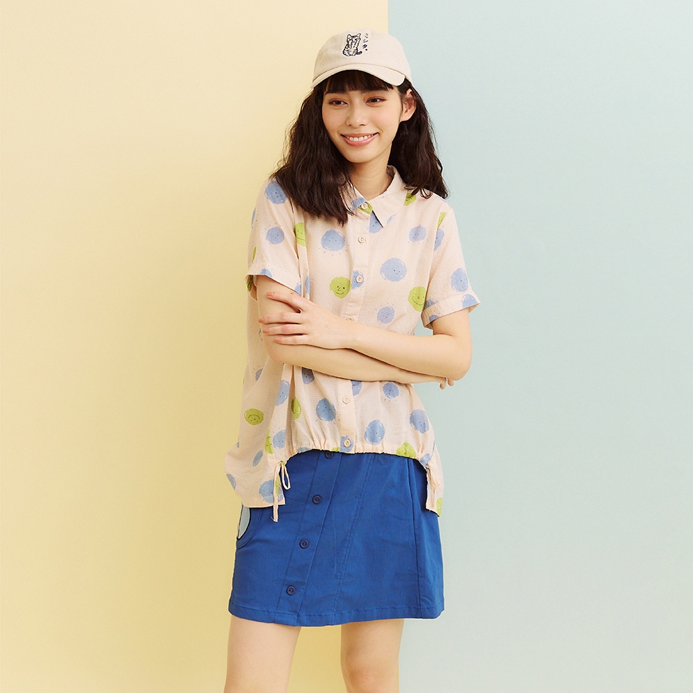 【Dailo】表情印花細格紋造型-女短袖襯衫 印花 藍 米 黃(三色/版型適中)