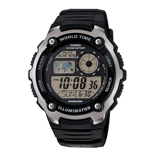 【CASIO】10年電力世界時間運動防水200m膠帶電子錶-黑(AE-2100W-1A)正版宏崑公司貨