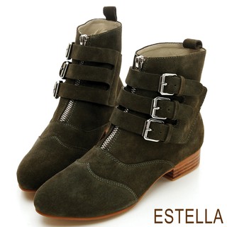 ESTELLA-全真皮三釦環帶拉鍊短靴-綠