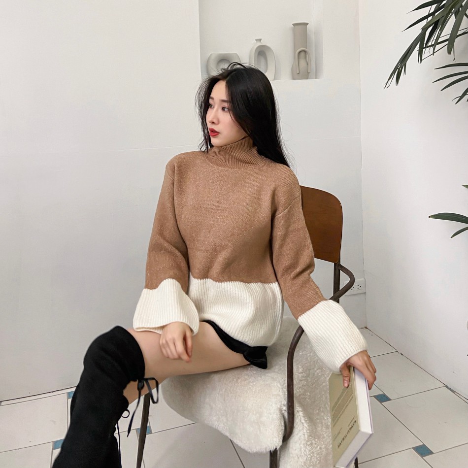 DoMiss韓國爆款雙色漸層高領毛衣-3色 拼接 針織毛衣 (現貨)