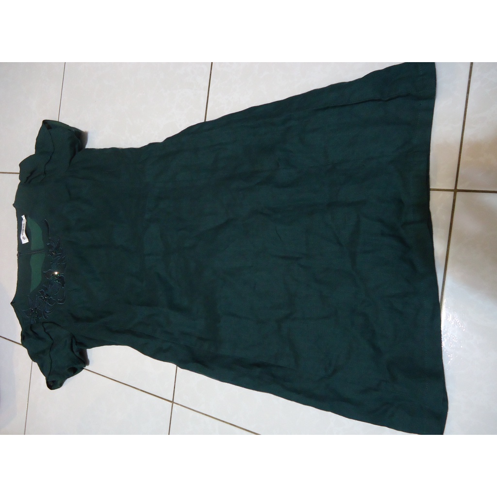 di marzia 義大利純亞麻深綠色短袖洋裝,棉質內襯,尺寸:M,肩寬:36cm,胸寬:43cm,少穿,降價大出清.