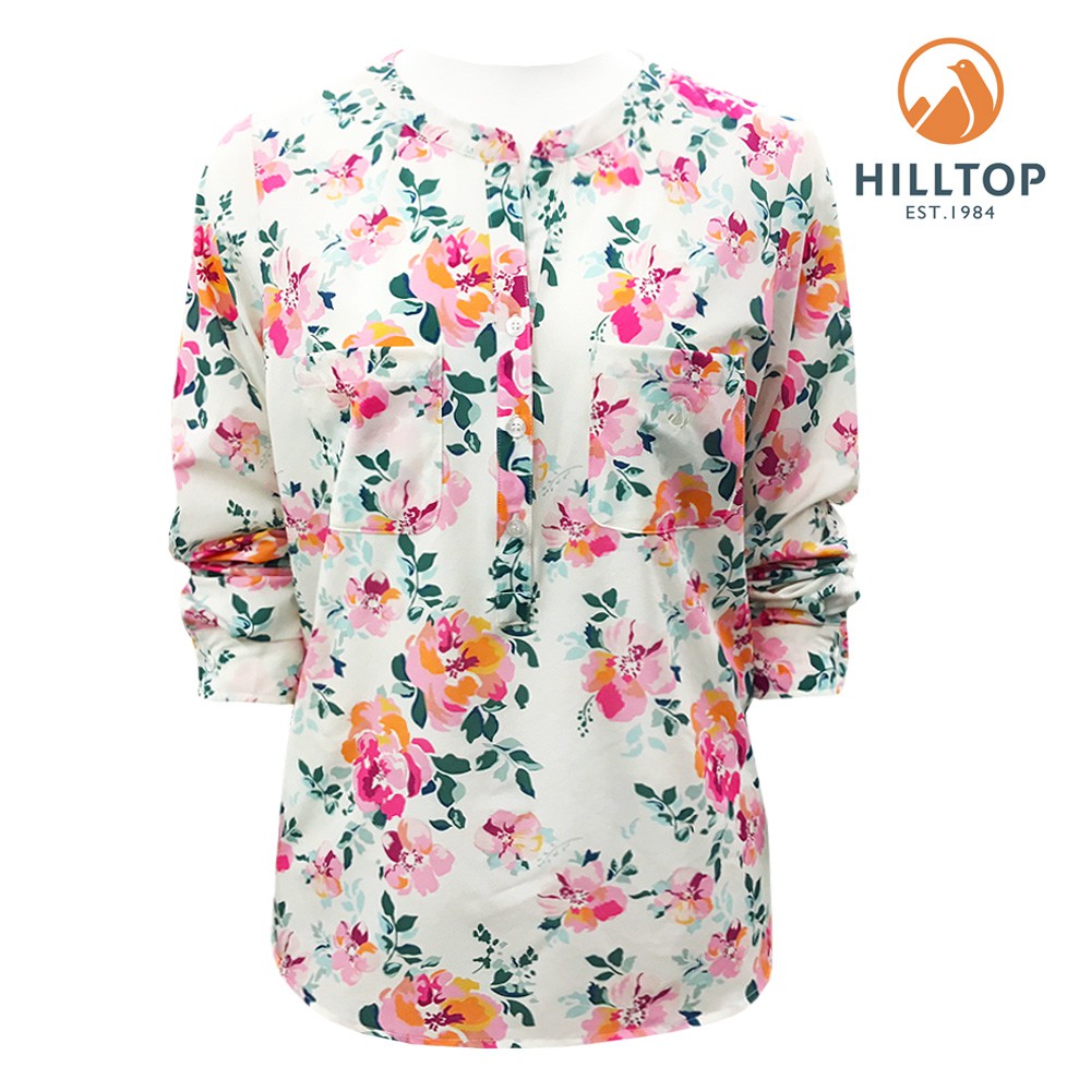 【Hilltop山頂鳥】女款吸濕快乾抗UV彈性長袖襯衫S05F72-淺粉玫瑰印花