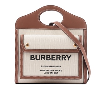 BURBERRY 帆布拼皮革手提/斜背口袋包(Mini)(自然色/麥芽棕) 8039361