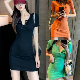 WG SHOP現貨 洋裝 韓版素色圓領鈕釦合身性感短袖洋裝