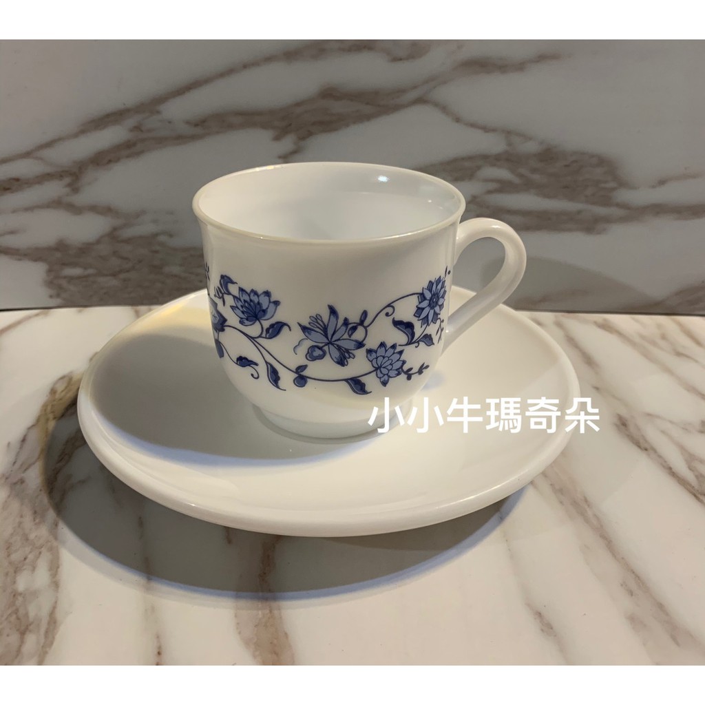 ~小小牛瑪奇朵~早期法國製ARCOPAL白底藍花咖啡杯盤組