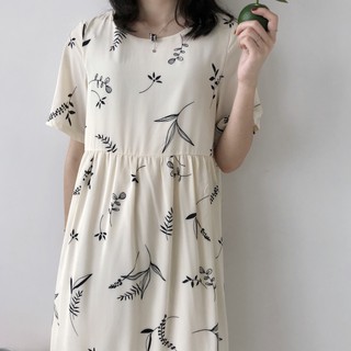 COOKIE-質感好貨-韓國氣質雪紡葉子連身裙-米色