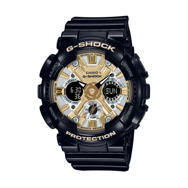 【CASIO G-SHOCK】閃耀時尚潮流精細耐衝擊雙顯運動腕錶-黑金x銀 GMA-S120GB-1A