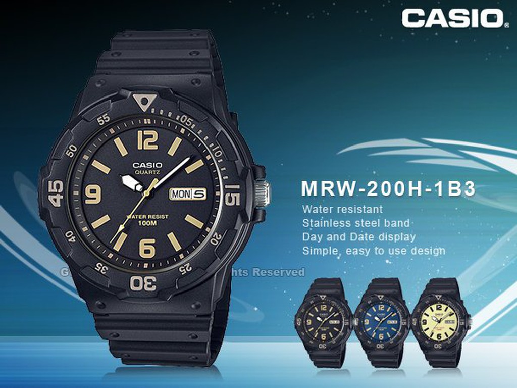 CASIO 卡西歐  MRW-200H-1B3 男錶 樹脂錶帶 100米防水 日和日期顯示 MRW-200H