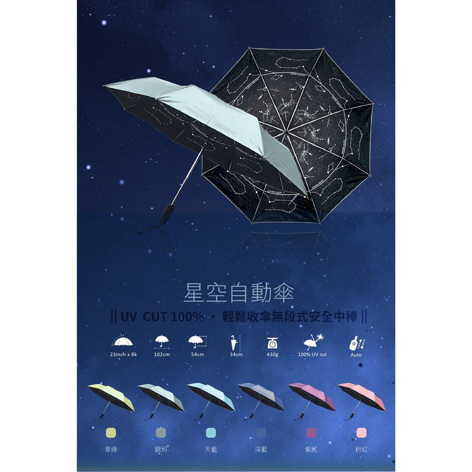 現貨供應 出貨快速 星空傘23吋8k傘骨自動傘黑膠傘布雨傘晴雨兩用傘摺疊傘無段式安全中棒收傘不回彈