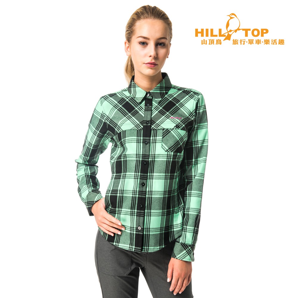 【Hilltop山頂鳥】女款吸濕保暖長襯衫 C05F17 深綠/淺綠格子