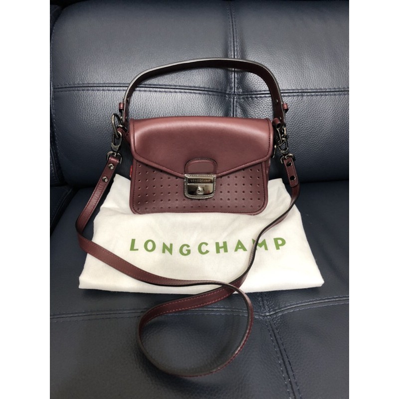 全新真品Longchamp mademoiselle mille 酒紅 棕紅色 皮革肩背斜背包