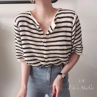 【Elly.Studio】❤️現貨❤️條紋針織五分袖上衣(黑/杏)撞色薄罩衫防曬外套女
