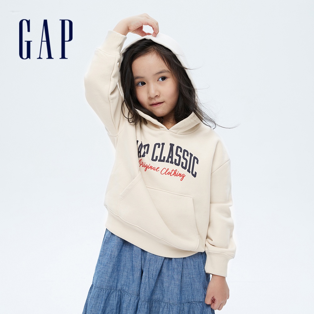 Gap 女童裝 Logo刷毛帽T 碳素軟磨系列-米色(736204)