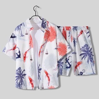 夏威夷男士沙灘褲休閒套裝短袖花襯衫寬鬆中褲情侶旅行度假套裝