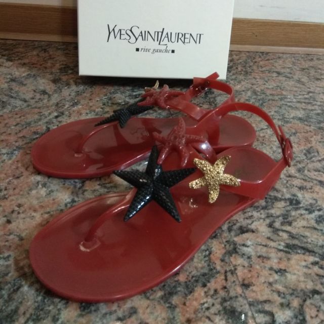 YSL(專櫃正品)女紅色海星平底夾腳涼鞋/膠鞋