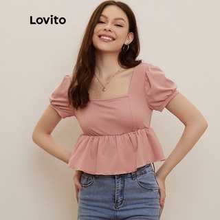 Lovito 素色方領荷葉邊泡泡袖襯衫 L20D025 (粉色)