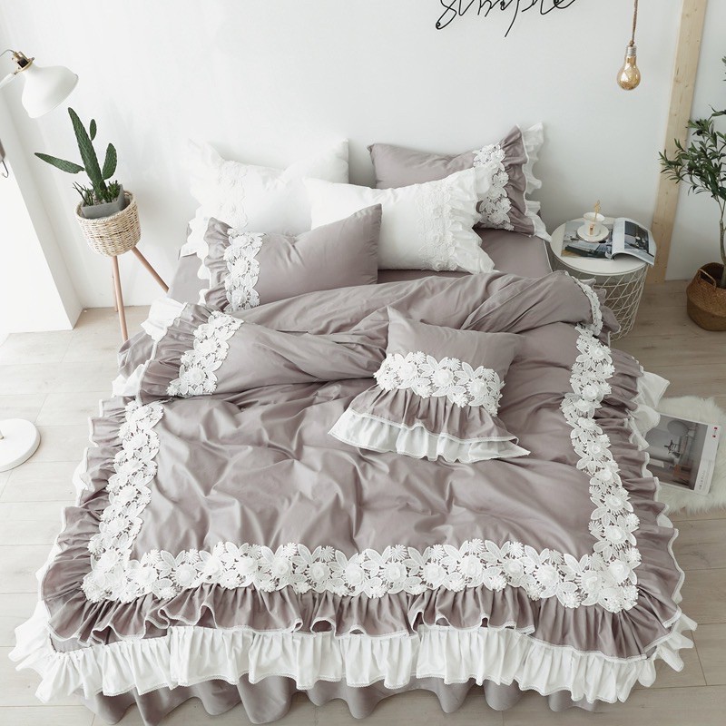 花漾 灰色 床裙組 床罩組 精梳純棉 標準雙人 加大 可訂製 含隱藏式床包 不滑動