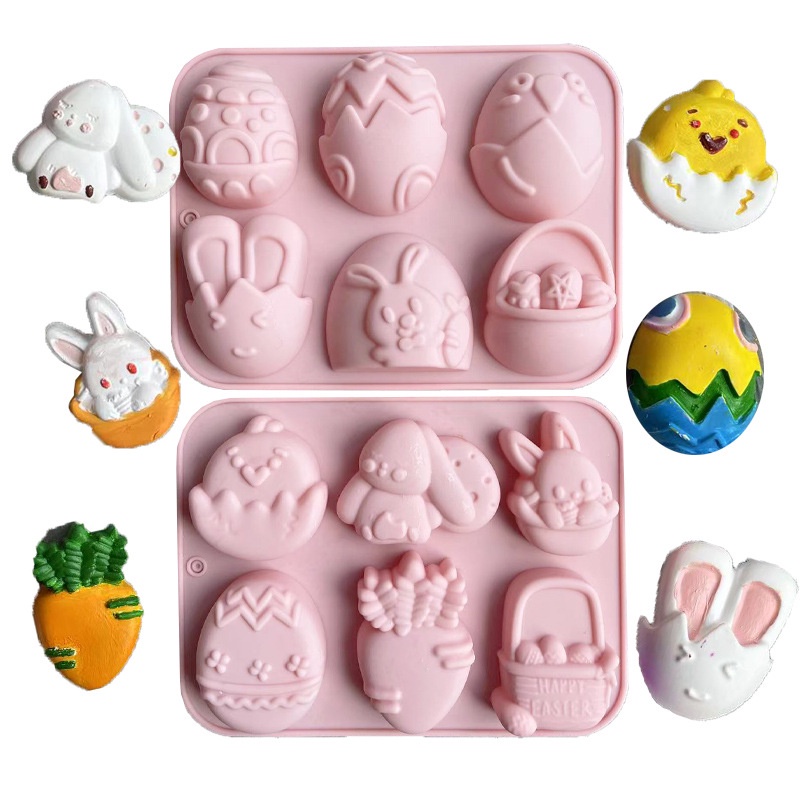 6 腔復活節彩蛋兔子籃子矽膠模具巧克力軟糖蛋糕形狀裝飾烘焙工具