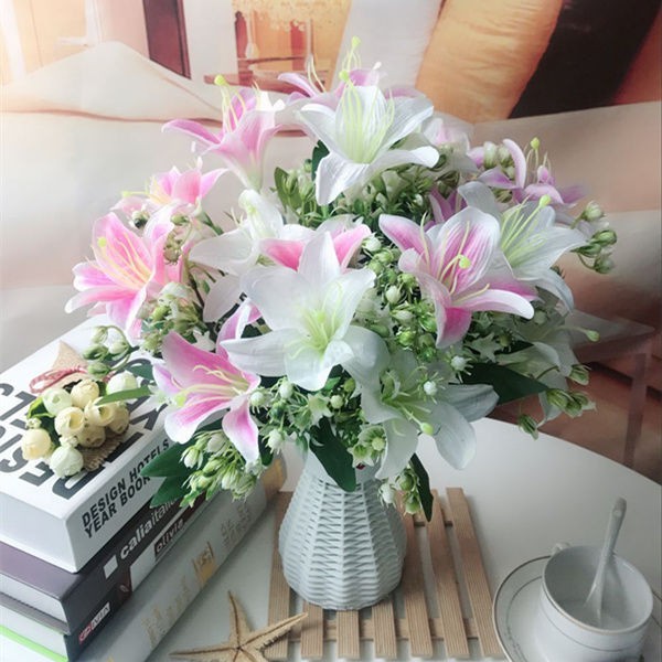 婚庆百合花结婚假花客厅卧室餐馆绢花装饰品塑料花电视柜冰箱摆件 蝦皮購物