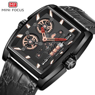 Mini FOCUS 頂級品牌計時碼表男士手錶皮革方形錶盤石英手錶防水男時鐘