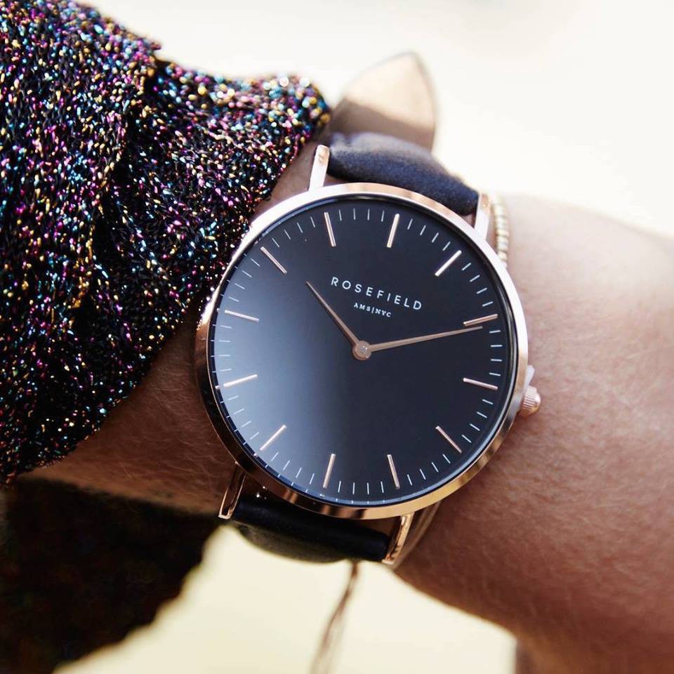 【Rosefield】紐約時尚手錶女錶現貨，玫瑰金全黑真皮錶帶，錶面38mm可用於Cluse