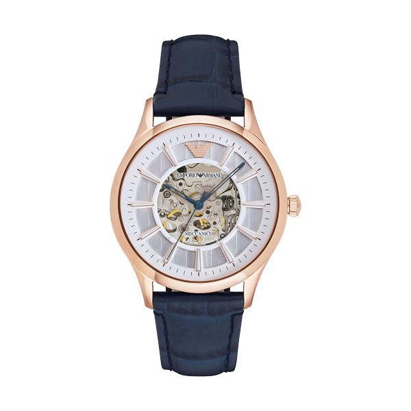 【Emporio Armani】美式經典鏤空機械壓紋真皮腕錶-藍金款/AR1947/台灣總代理公司貨享兩年保固