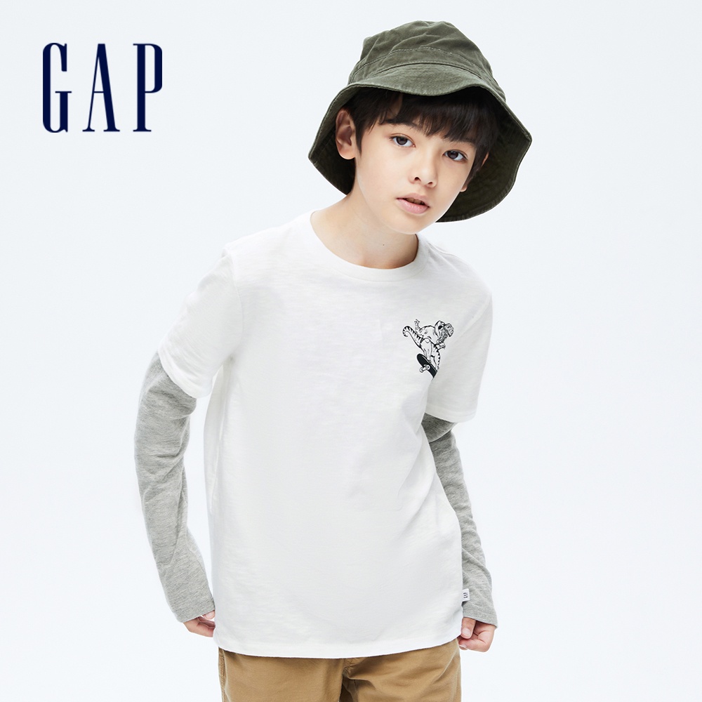 Gap 男童裝 純棉假兩件印花長袖T恤-白色(707865)