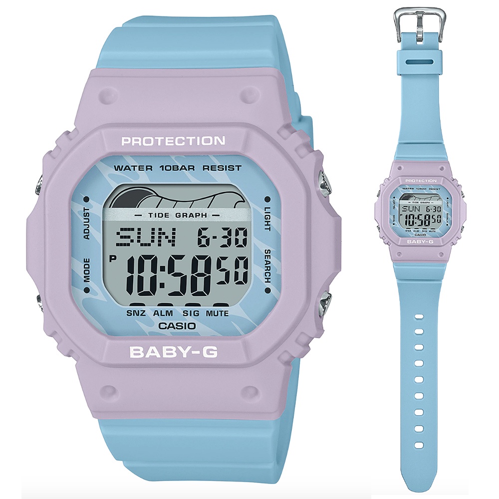【CASIO 卡西歐】BABY-G 纖薄經典方形電子錶-波浪藍(BLX-565-2 潮汐圖 月亮資料 世界時間)