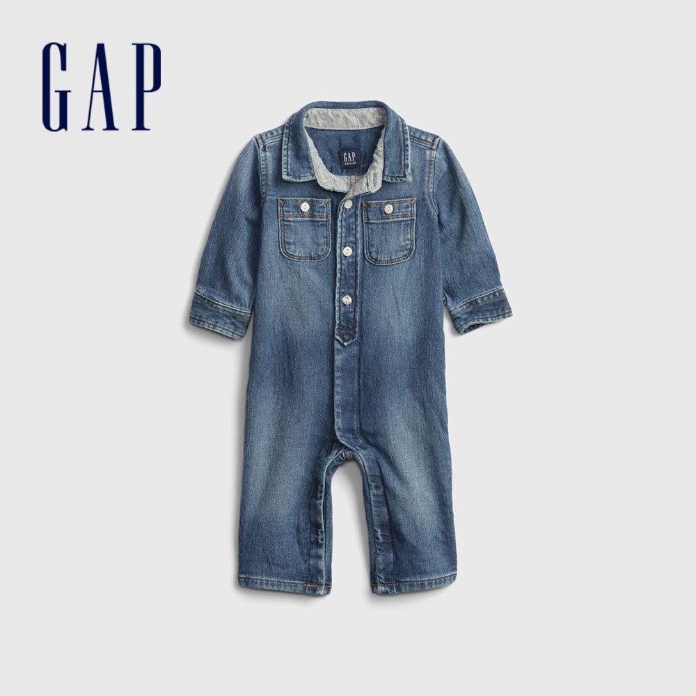Gap 嬰兒裝 柔軟牛仔長袖包屁衣-中度水洗(670674)