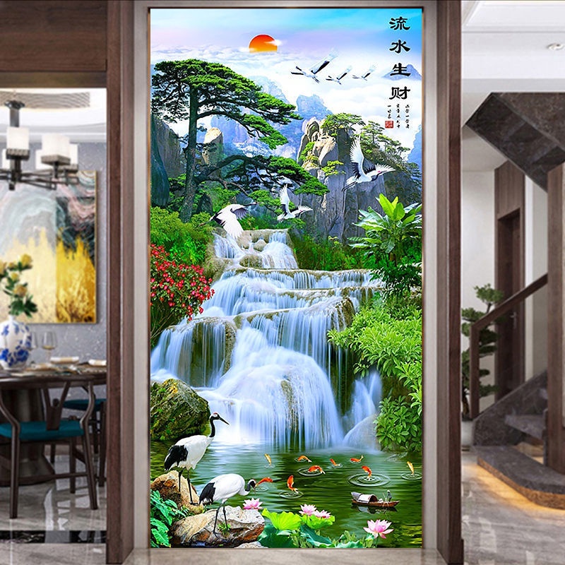 山水風景3D自粘流水生財牆貼風水畫裝飾玄關過道走廊客廳酒店壁畫