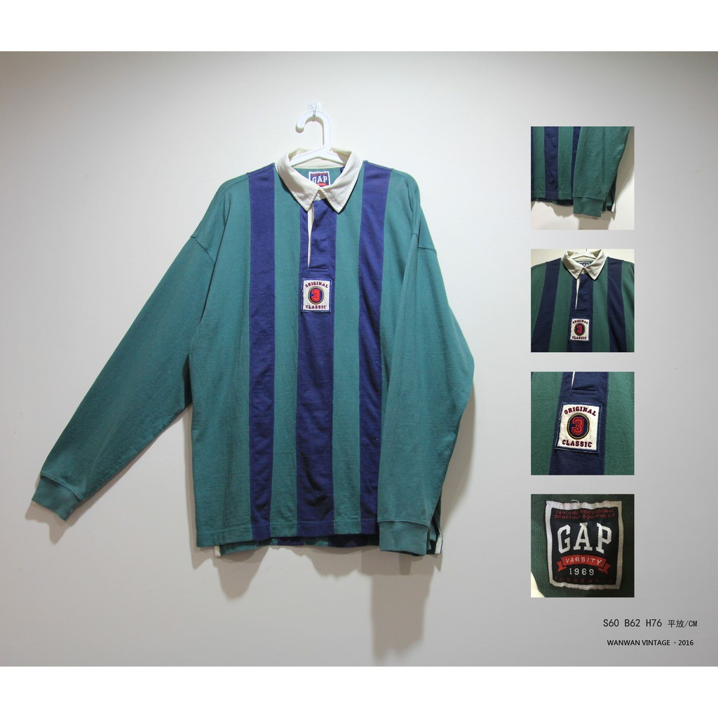 GAP深藍深綠拼接直條紋Rugby Shirt 橄欖球衫/長袖polo衫