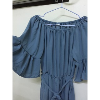 [IMAGE]一字領洋裝 藍色洋裝 收腰 可愛洋裝 附綁帶