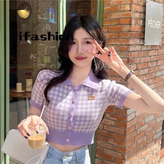 ifashion』紫色小香風 短袖上衣 韓系 溫柔風 百搭 格子 針織上衣 女生衣服