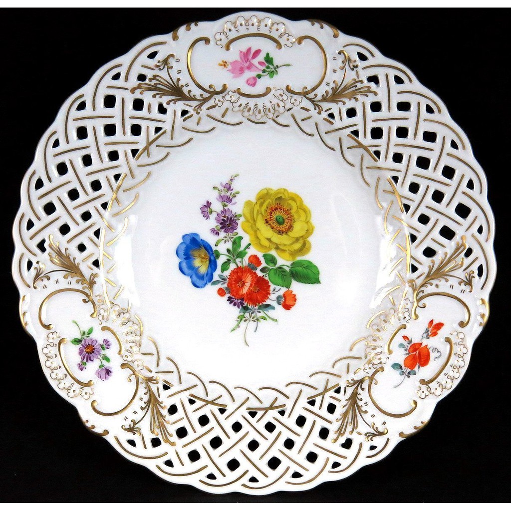 麥森Meissen 手繪Blumen系列四花彩鏤刻浮雕瓷盤 一級品