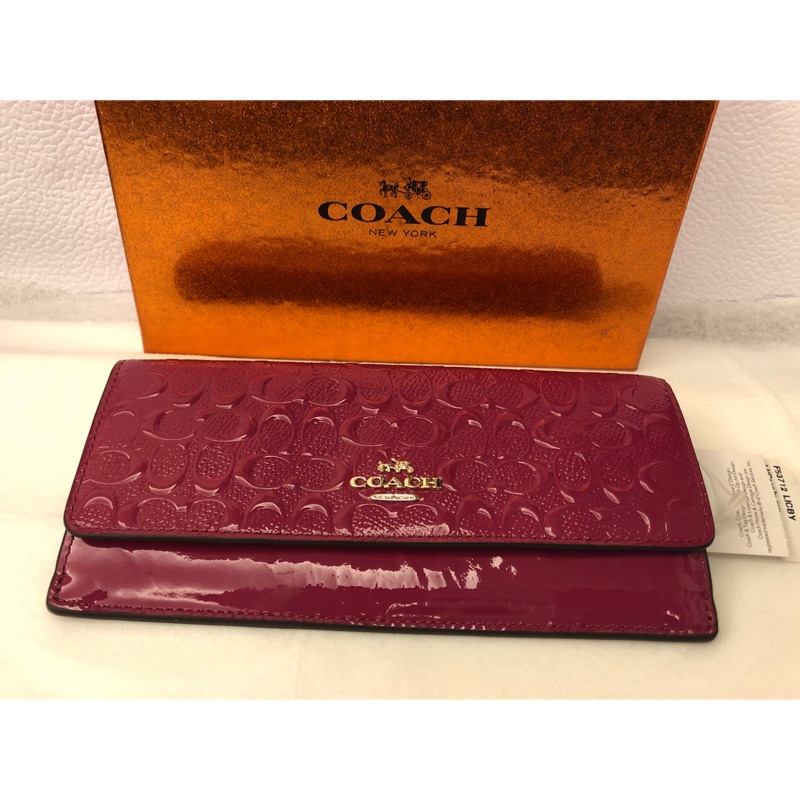 《全新正品》Coach53712桃紅logo漆皮扁信封釦式長夾