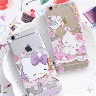 預購 kitty猫鑲鑽iPhone6/6s 7 plus透明軟殼全包粉色玫瑰花 紫色蝴蝶結