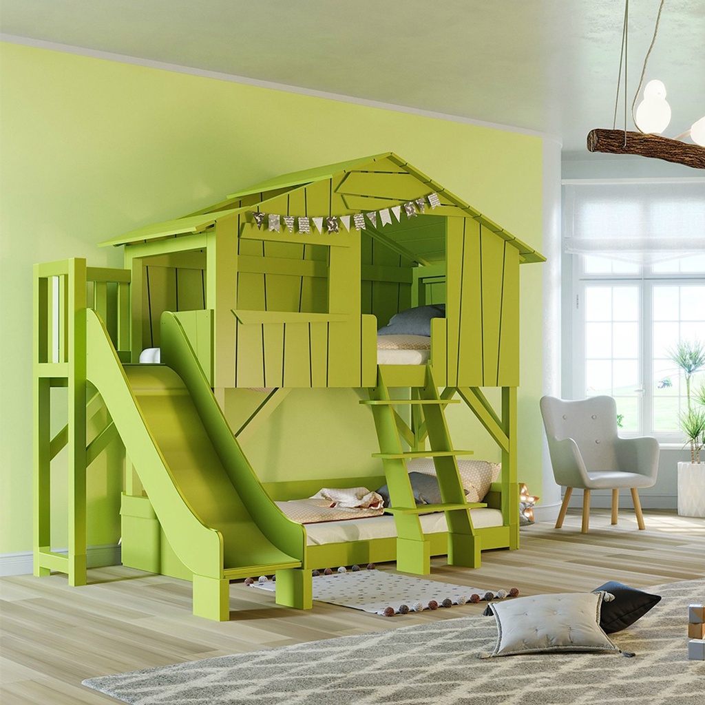 【hoi! 】 比利時 Mathy by Bols 樹屋雙層兒童床附滑梯及平台 90x190-蘋果綠/含安裝運送