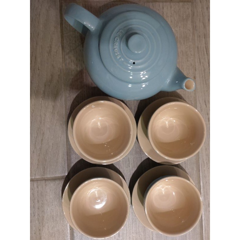 le creuset 中式茶壺組 一壺四杯四杯碟 satin blue 全新