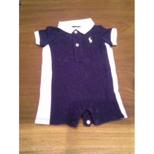 二手 真品專櫃貨 Ralph Lauren /RL 短袖寶藍 白編大馬連身衣/包屁衣POLO 男寶寶3M