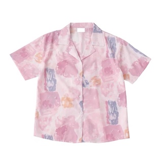 小眾度假風襯衫 油畫印花西裝領上衣 粉嫩色系暈染襯衫