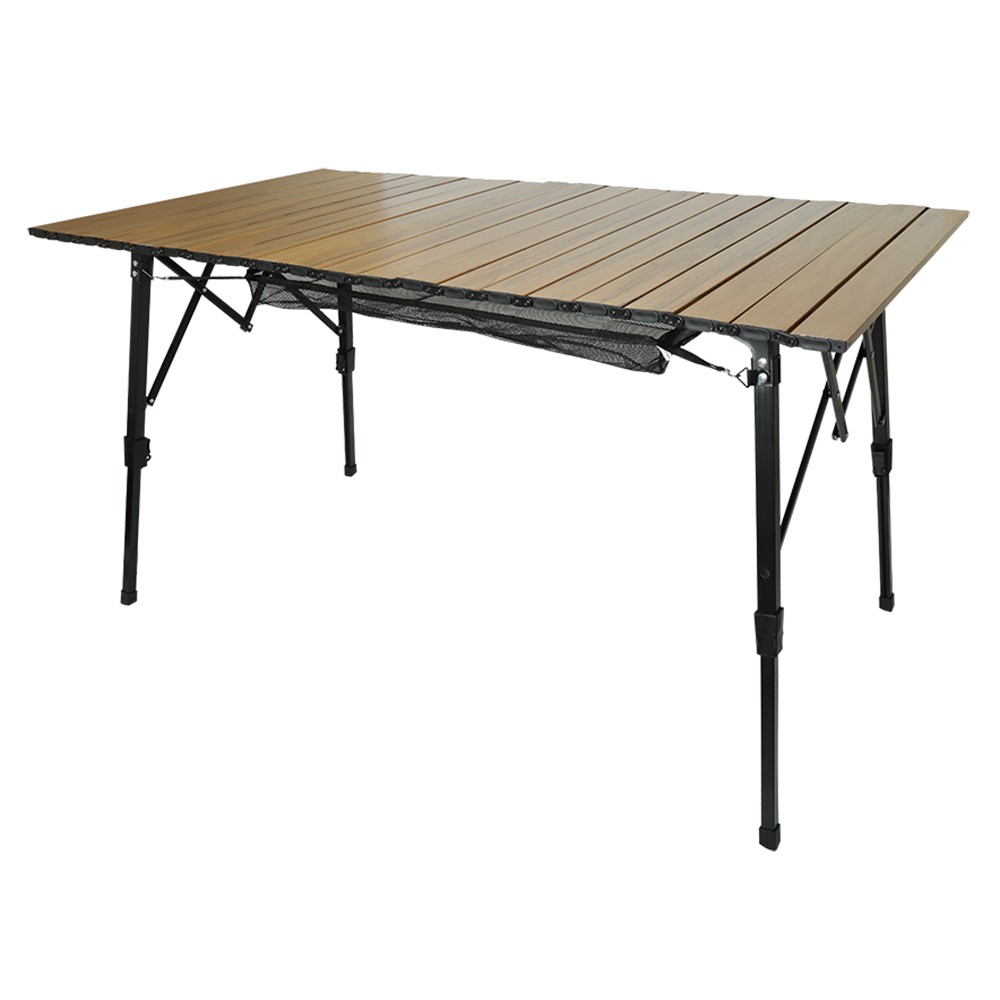 可調桌腳木紋蛋捲桌(短邊收折) 120×70 可升降高度 鋁合金 折疊桌 登山 露營 野餐 附置物網 廠商直送