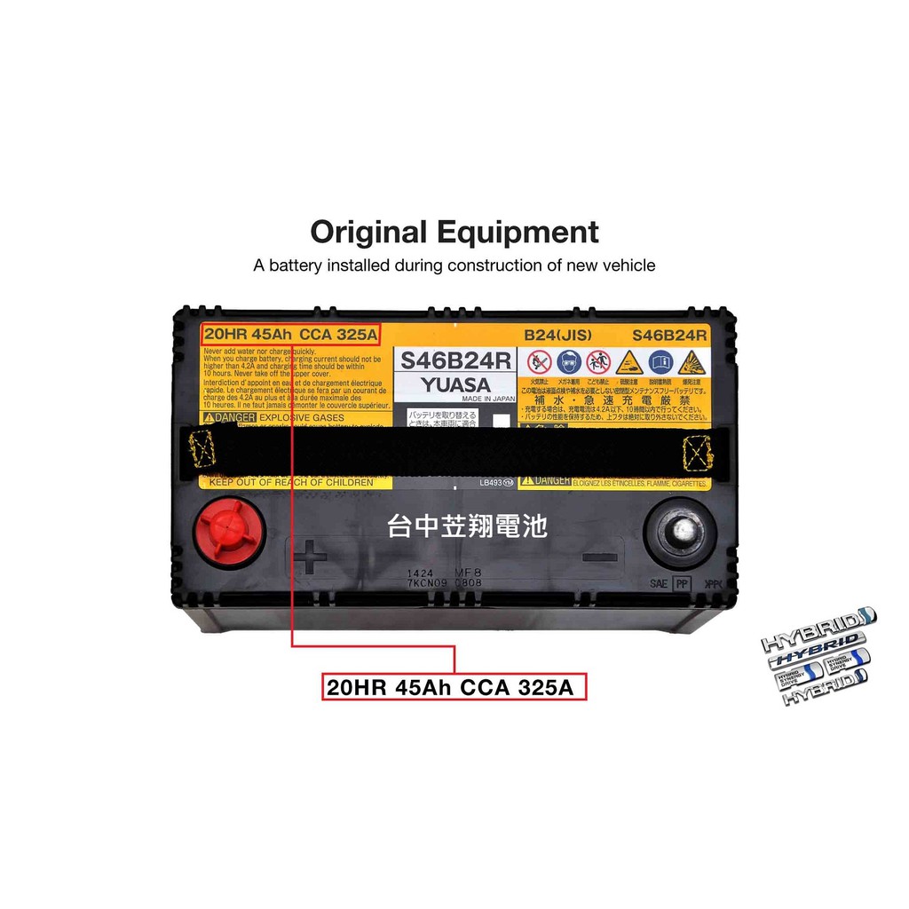 ☼ 台中苙翔電池 ►日本湯淺原廠 AGM 電池 S46B24R 油電車 豐田 PRIUS LEXUS CT200H