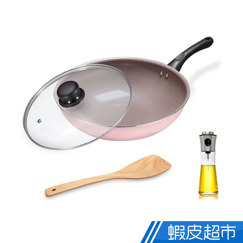 義大利mama cook 綻粉陶瓷不沾鍋具4件組(30cm炒鍋+蓋+鏟+l噴油瓶) 現貨 廠商直送