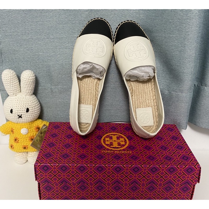 Tory Burch 黑白撞色小香風草編鞋9號 蝦皮購物