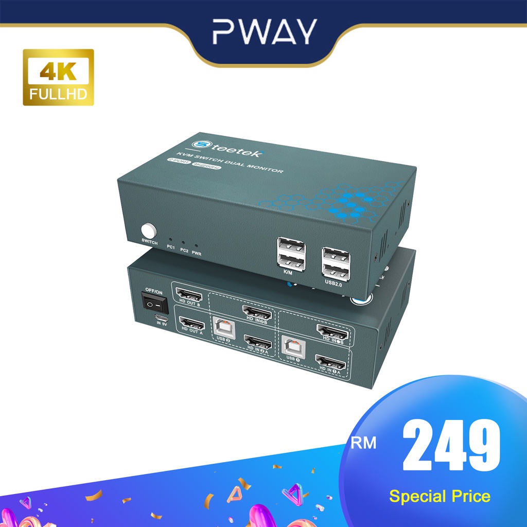 Pway KVM 切換器 HDMI 4 進 2 出分辨率高達 4K@60Hz 熱鍵切換器 HDMI2.0 USB2.0