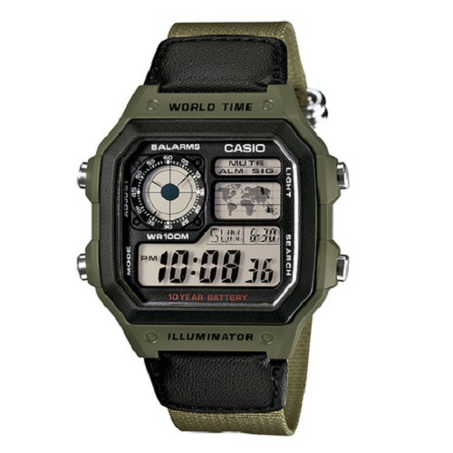 【CASIO】10年電力電子錶款 軍事風格 帆布錶帶AE-1200WHB-3B防水100米 宏崑時計 台灣卡西歐保固一年