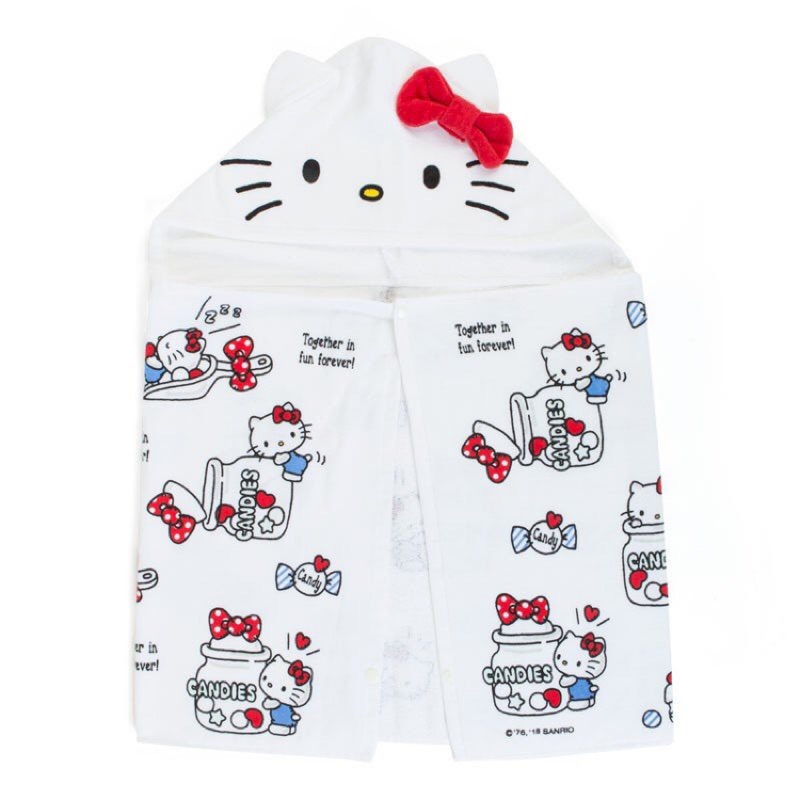 【PINK】Hello Kitty大頭糖果罐子造型連帽扣子浴巾/包巾/泳巾