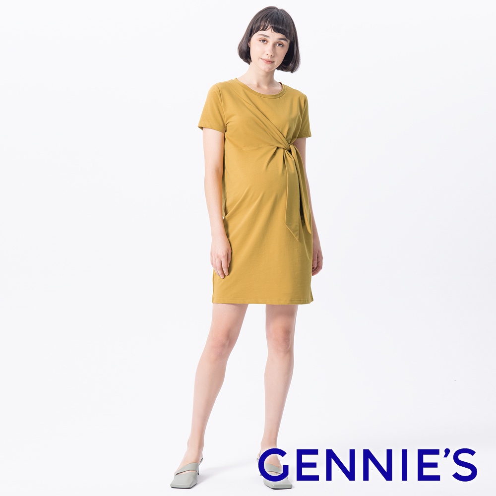 【Gennies 奇妮】立體剪裁綁結孕婦洋裝-黃(T1L12)